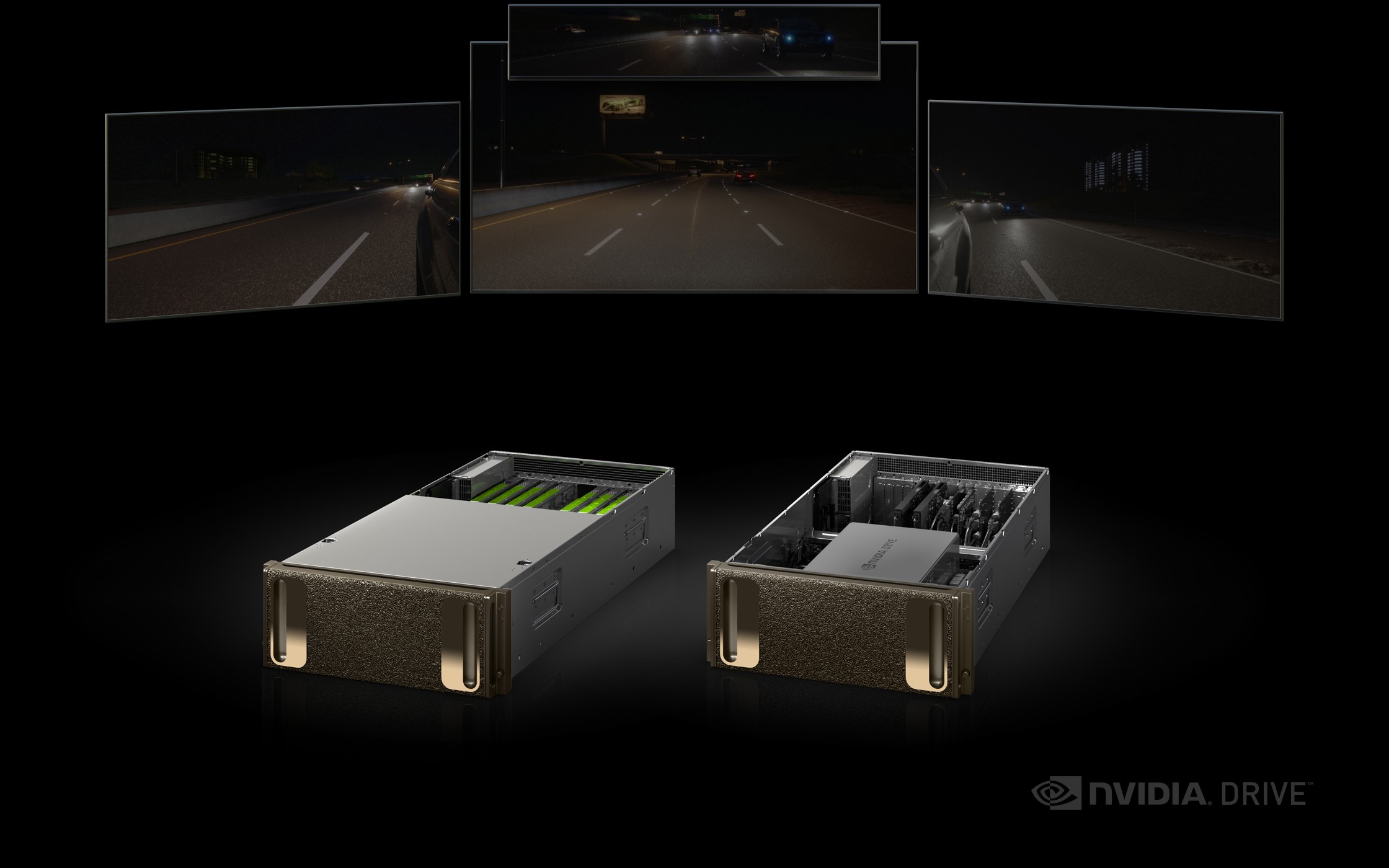 NVIDIA's DRIVE self-driving car platform is on display with four monitors showing different views of the road.
