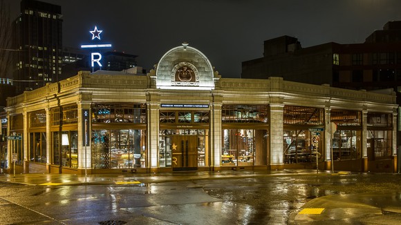 The Seattle Starbucks Reserve Roastery and Tasting Room at night