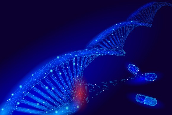 A strand of DNA being modified at the molecular level.