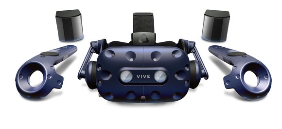 HTC Vive Pro headset, controllers, and lighthouses.