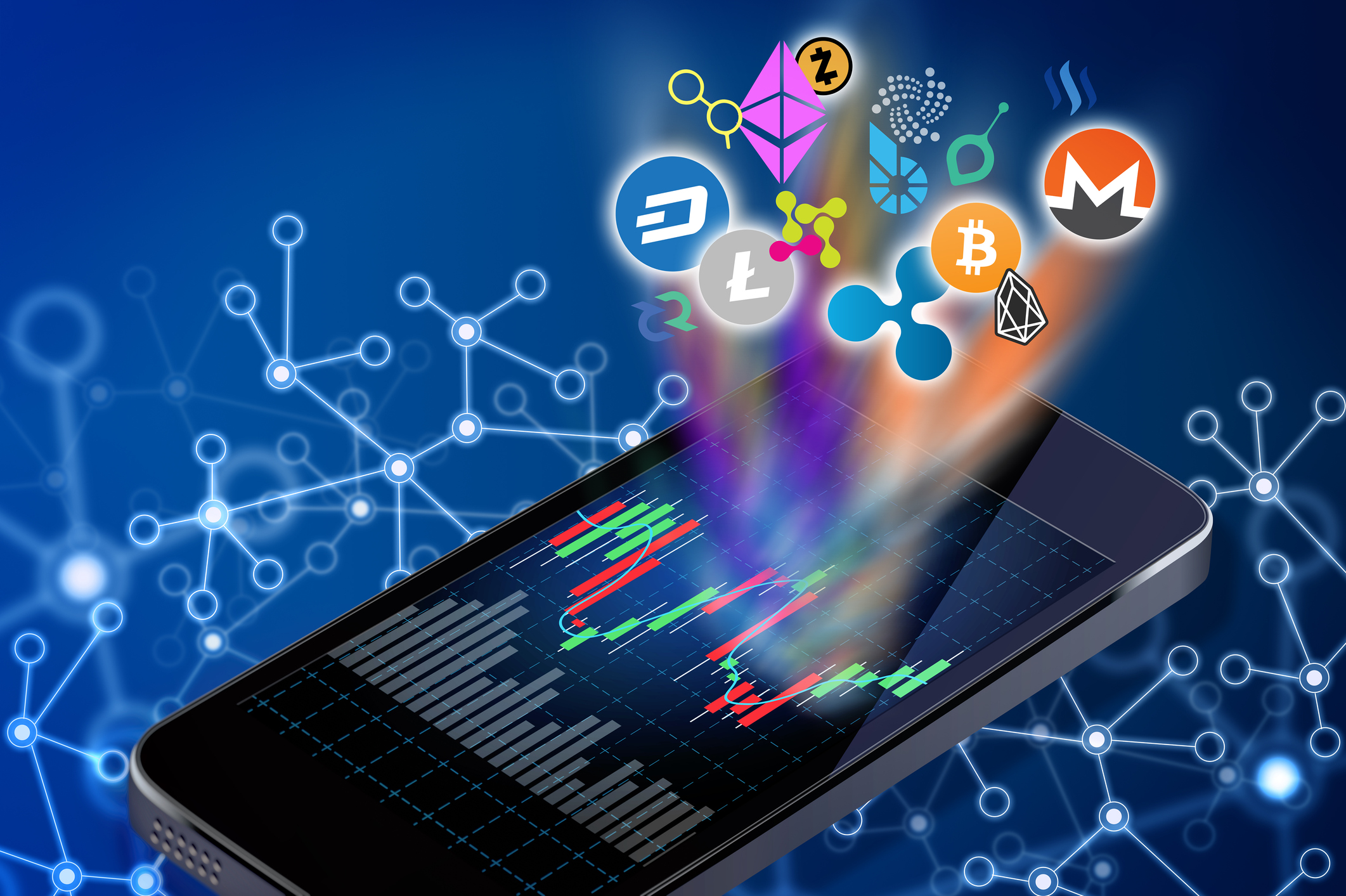 Multiple cryptocurrency logos coming out of a vacillating chart on a smartphone, surrounded by latticework representing blockchain technology.