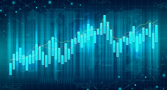 Rising candlestick bar chart in various shades of blue