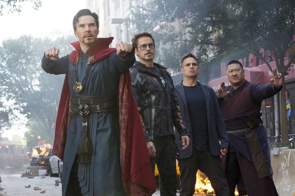 Dr. Strange, Iron Man, Bruce Banner, and Wong in a scene from Avengers: Infinity War.