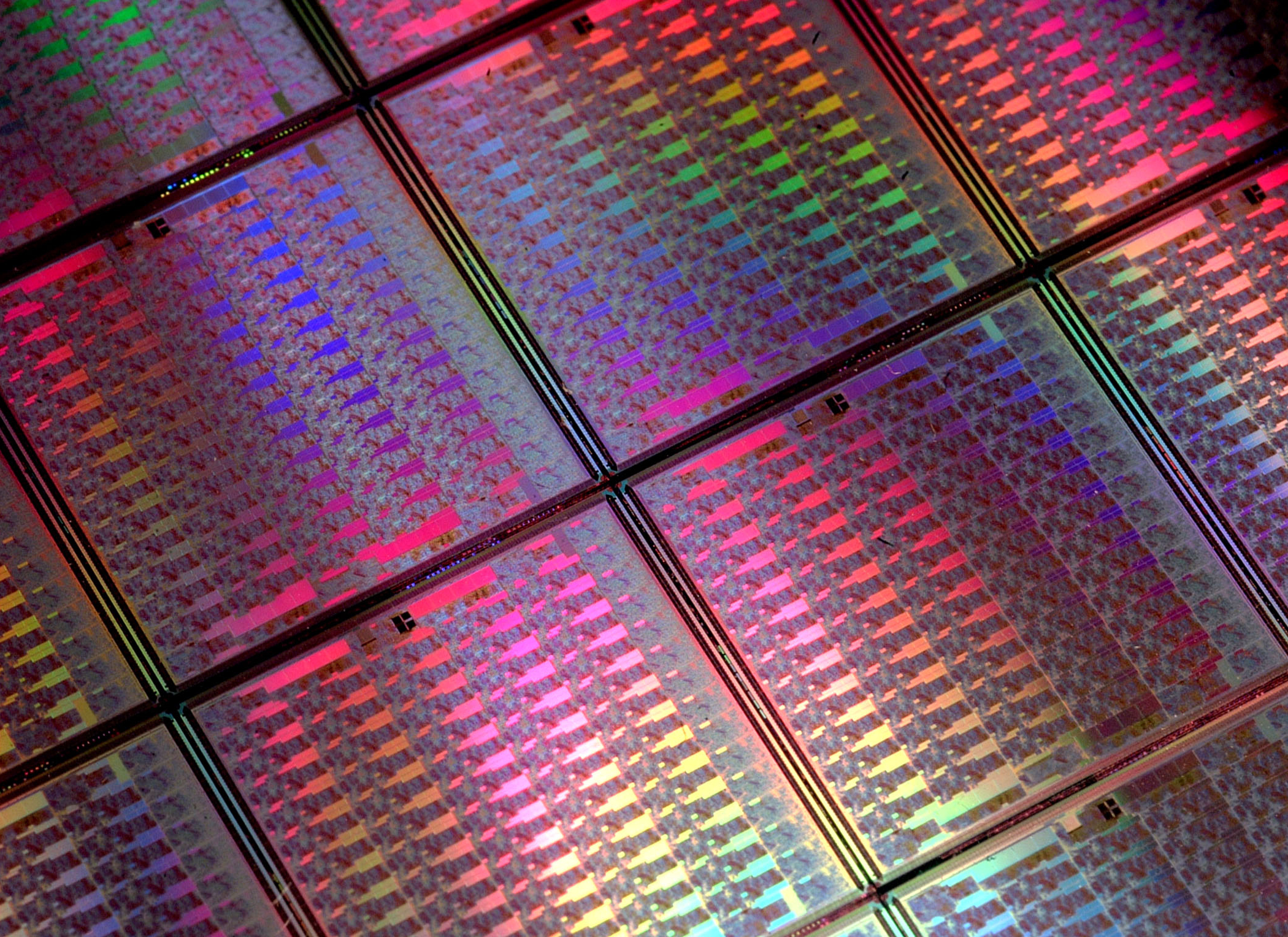 A wafer of uncut and unfinished semiconductor chips.