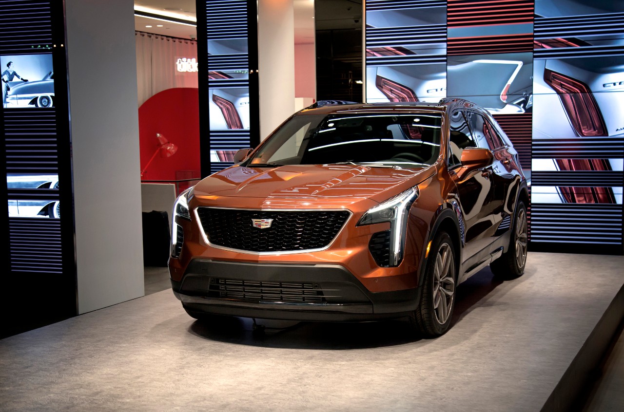 General Motors' 2019 XT4 Cadillac on display in a showroom.