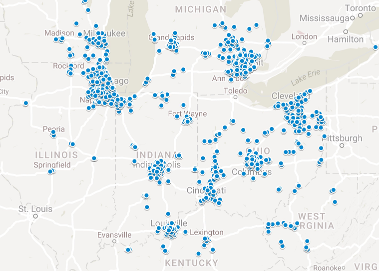 Map of JPMorgan Chase branches in the Midwest US