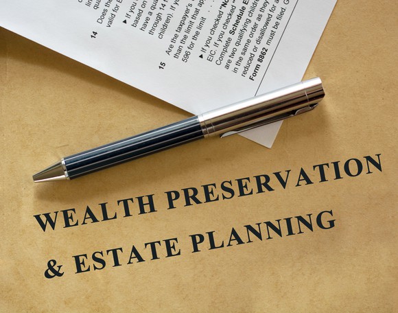 Notebook with wealth preservation and estate planning on cover.