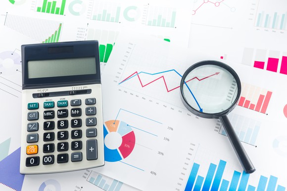 A calculator and magnifying glass on top of charts.