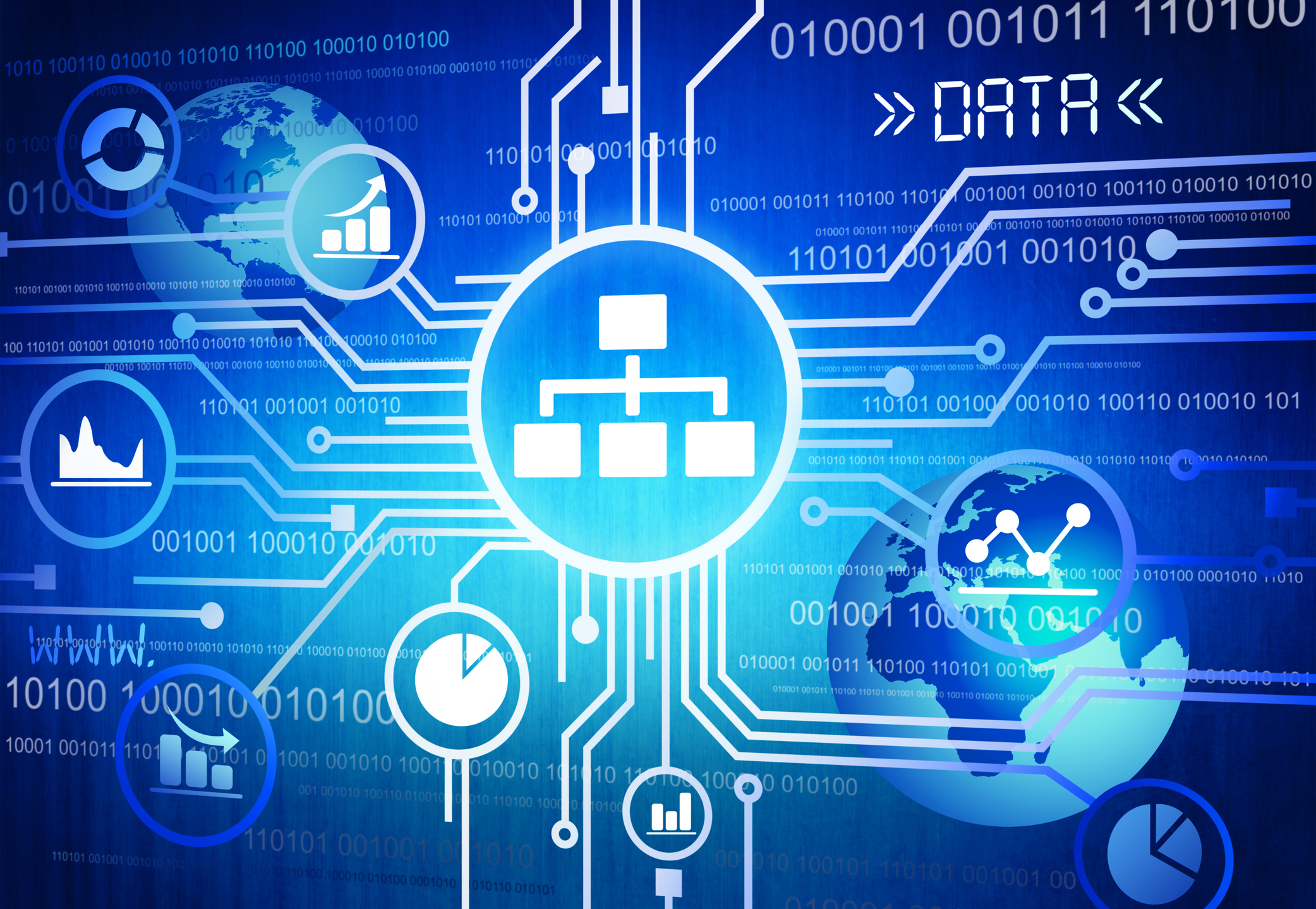 An artist's rendition of data being stored and distributed around the globe.