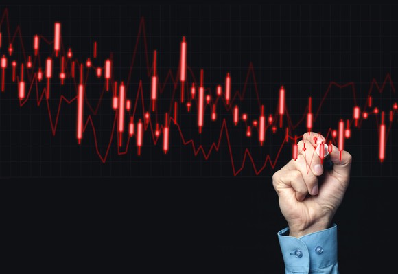 Falling stock graph with hand tracing it.