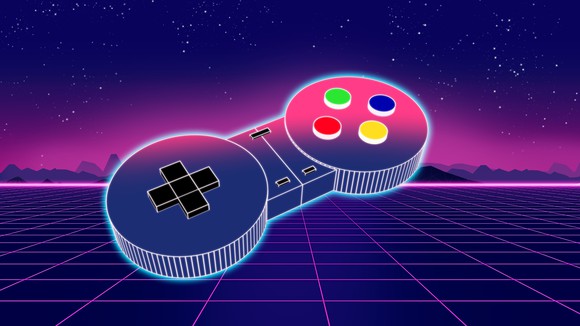 A video game controller against a purple background