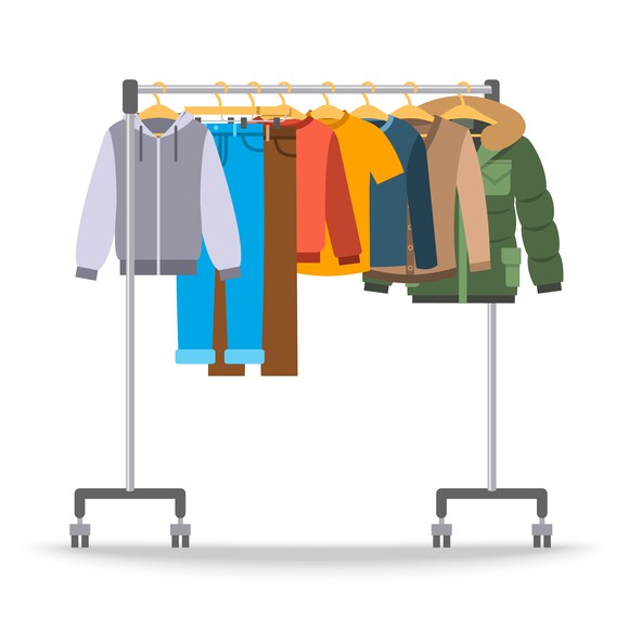 An illustration of clothing on a rack.