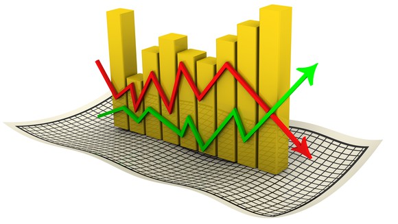 Computer rendition of a 3-D bar chart resting on a wobbly sheet of grid paper, with charting arrows moving in opposite directions over this backdrop