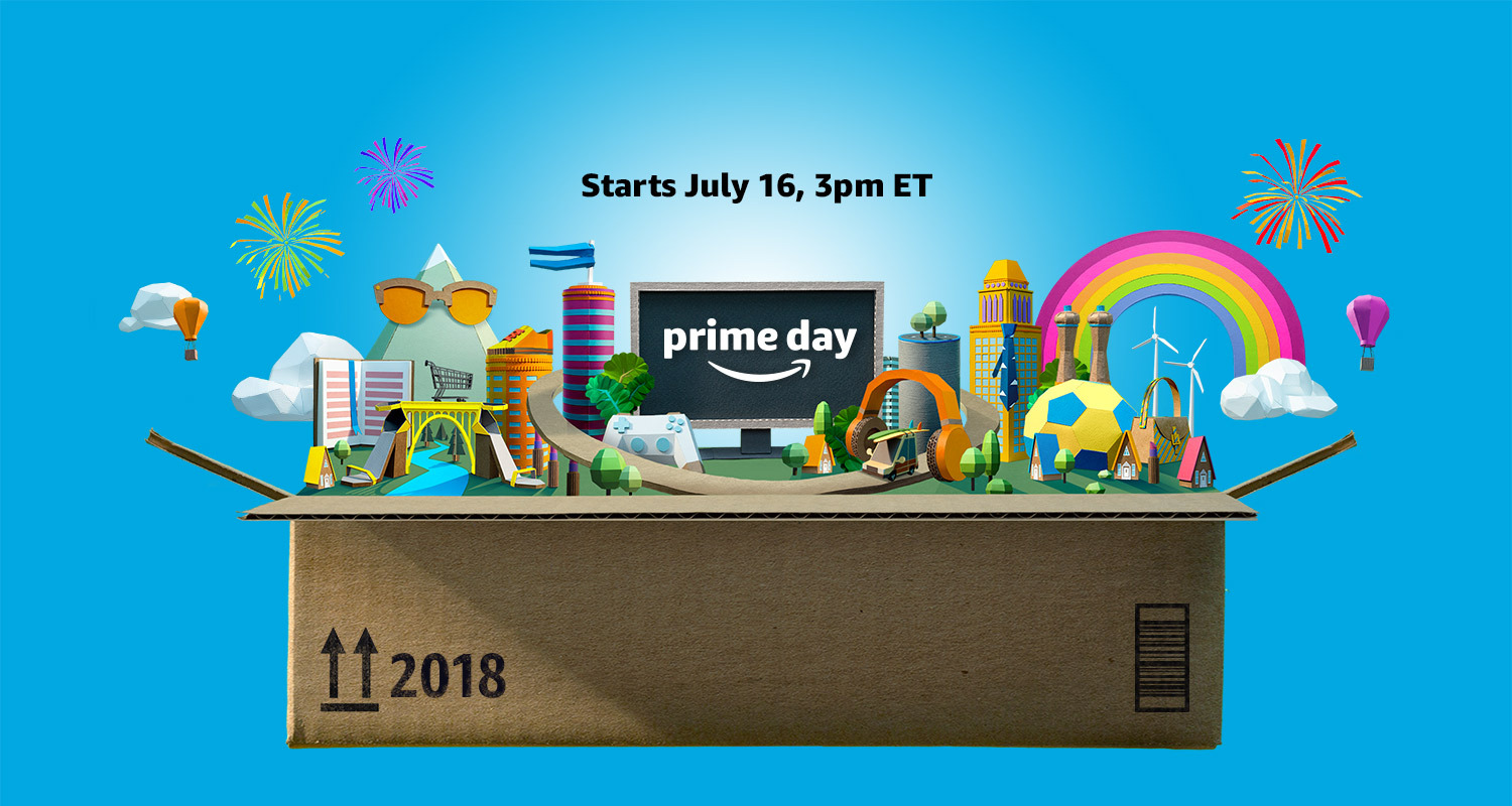 An Amazon box holding a variety of animated objects. Text says that Prime Day starts July 16, 3 p.m. ET.