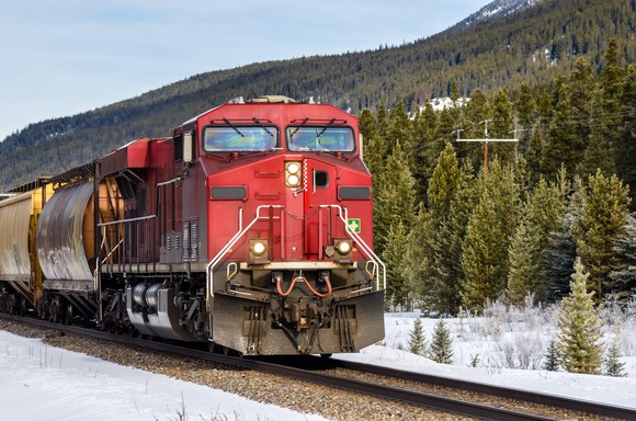 A freight car moving through the Canadian Rockies.
