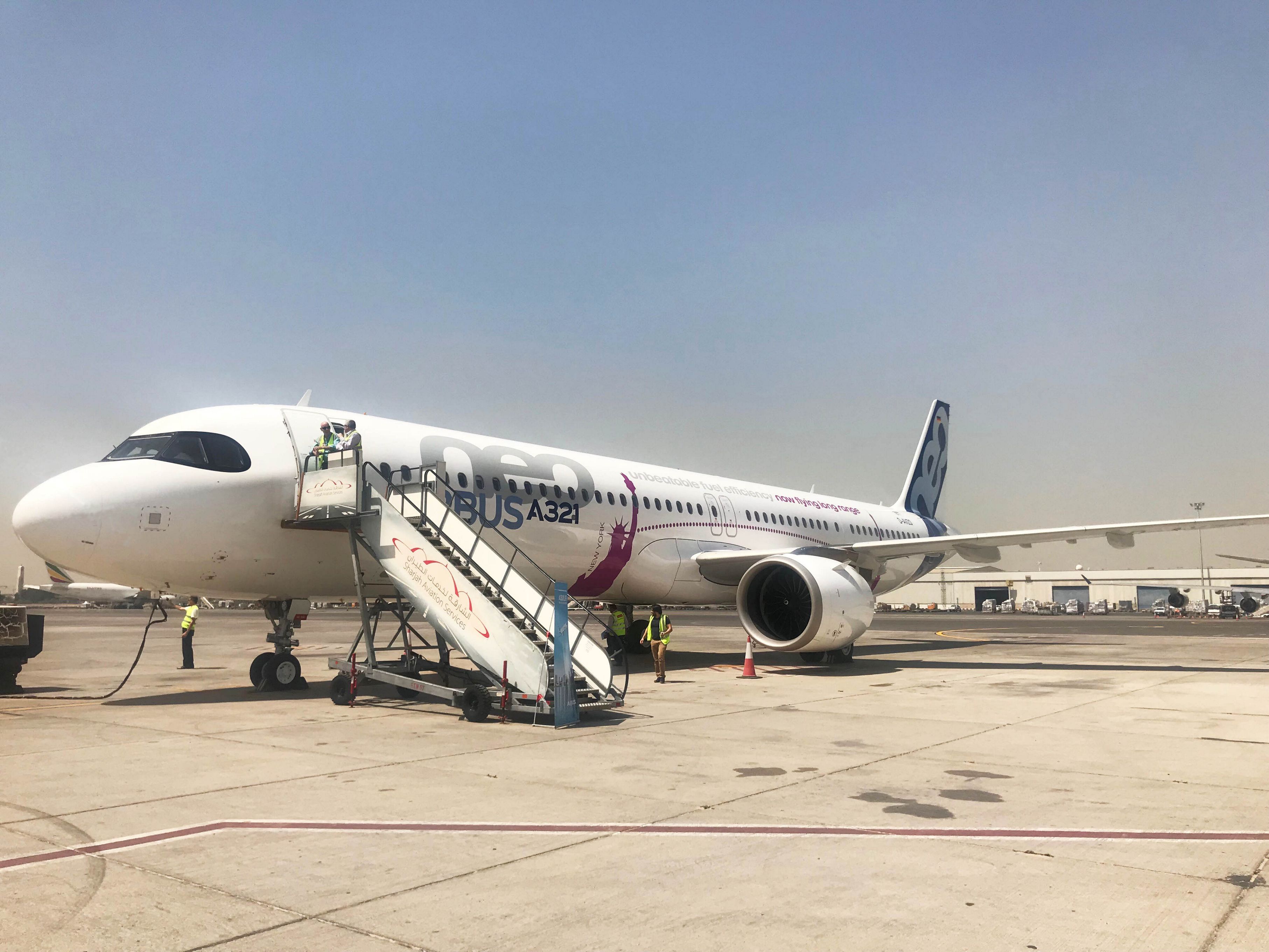An A321LR test aircraft parked on the tarmac