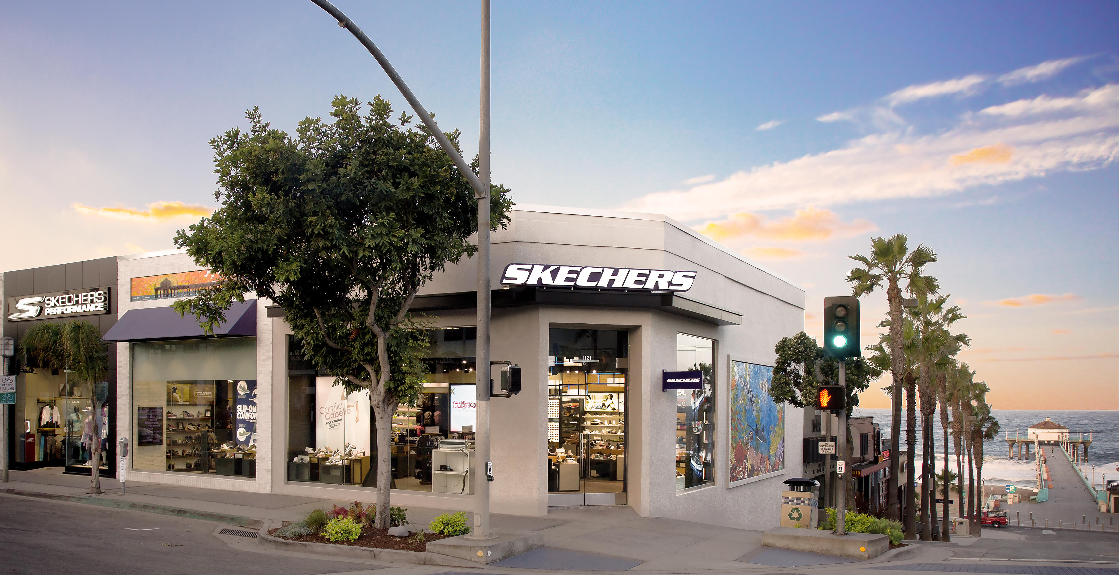 Exterior of the recently renovated flagship Skechers store in Manhattan Beach.