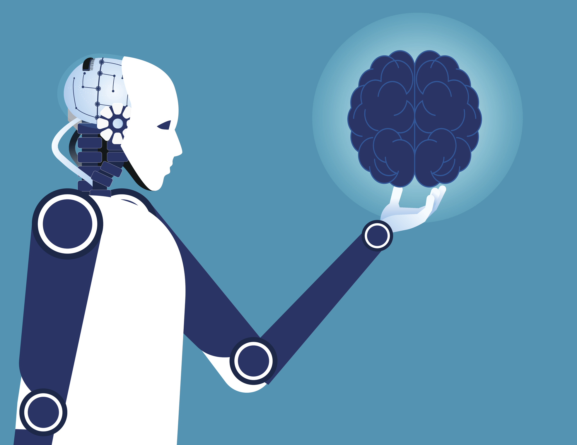 A robot holding the image of a brain.