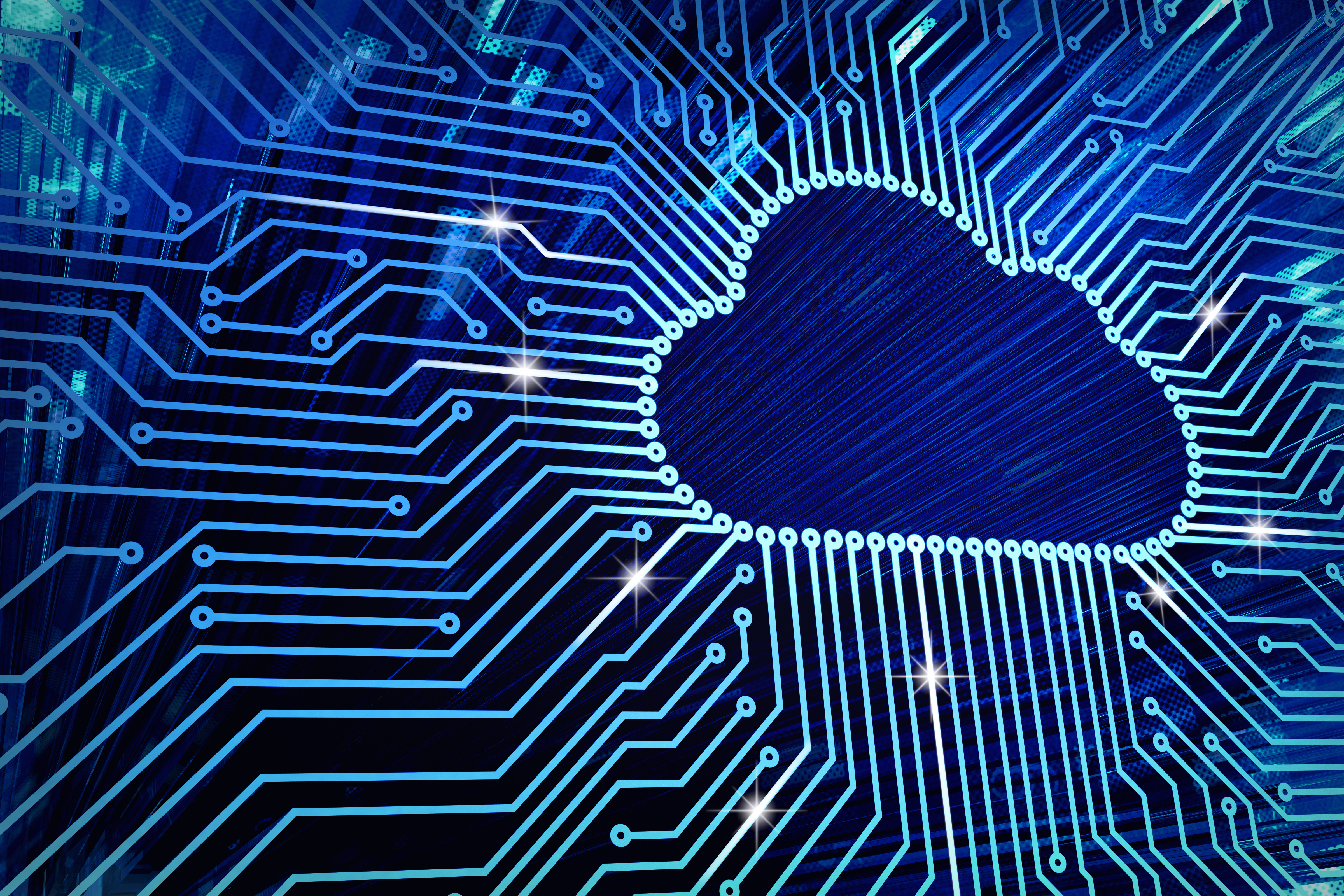 Blue circuit board with cloud symbol and connecting links