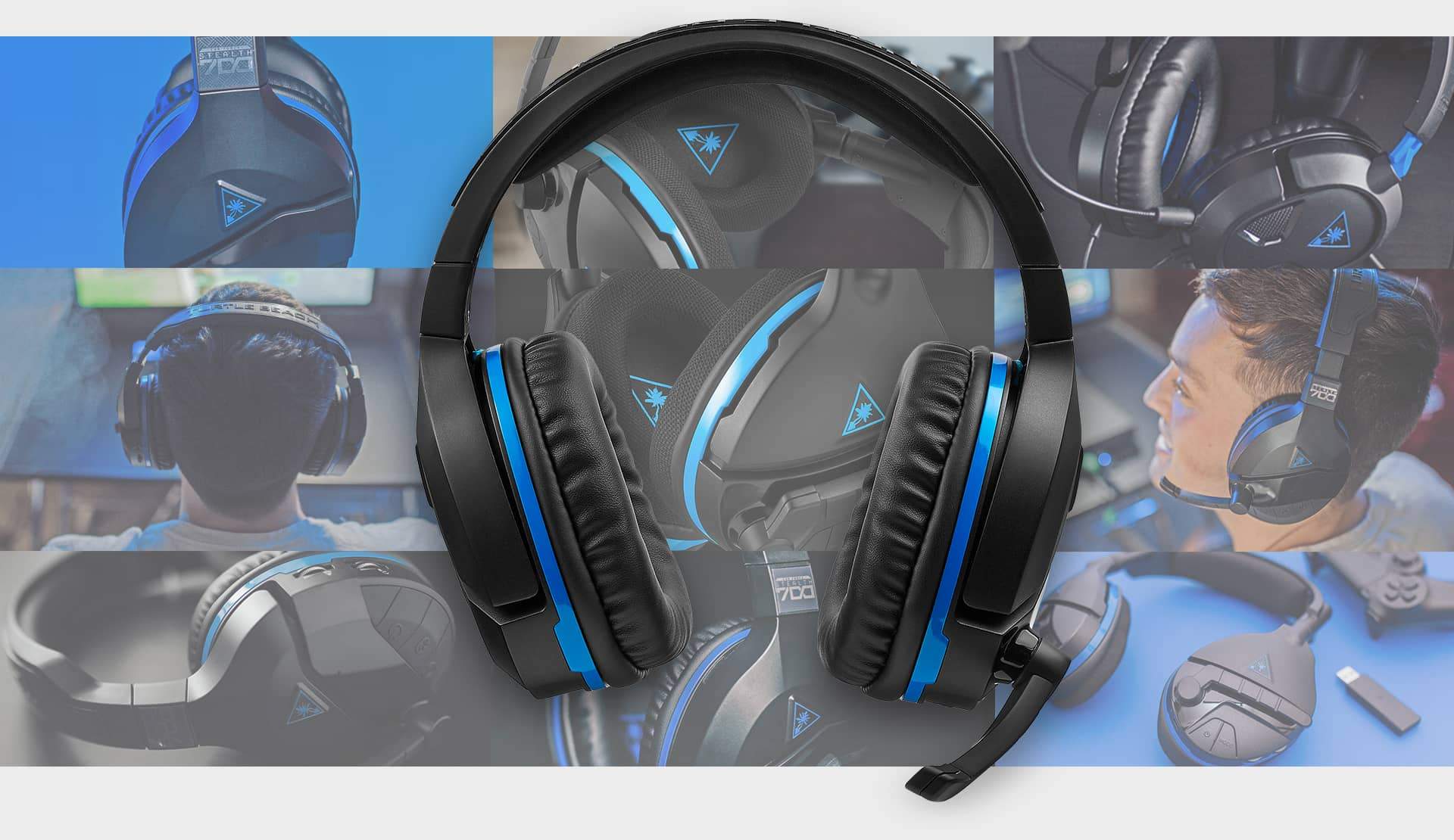 A collage of images of Turtle Beach's Stealth 300 headset for gaming.