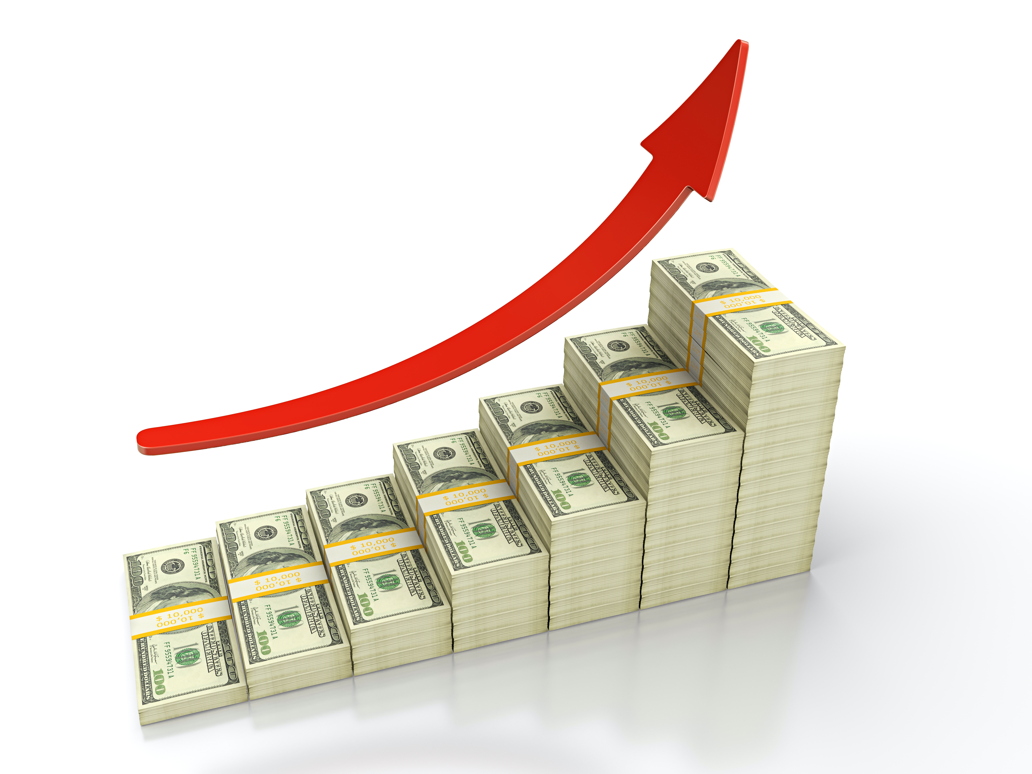 Arrow pointing up on top of stacking bills.