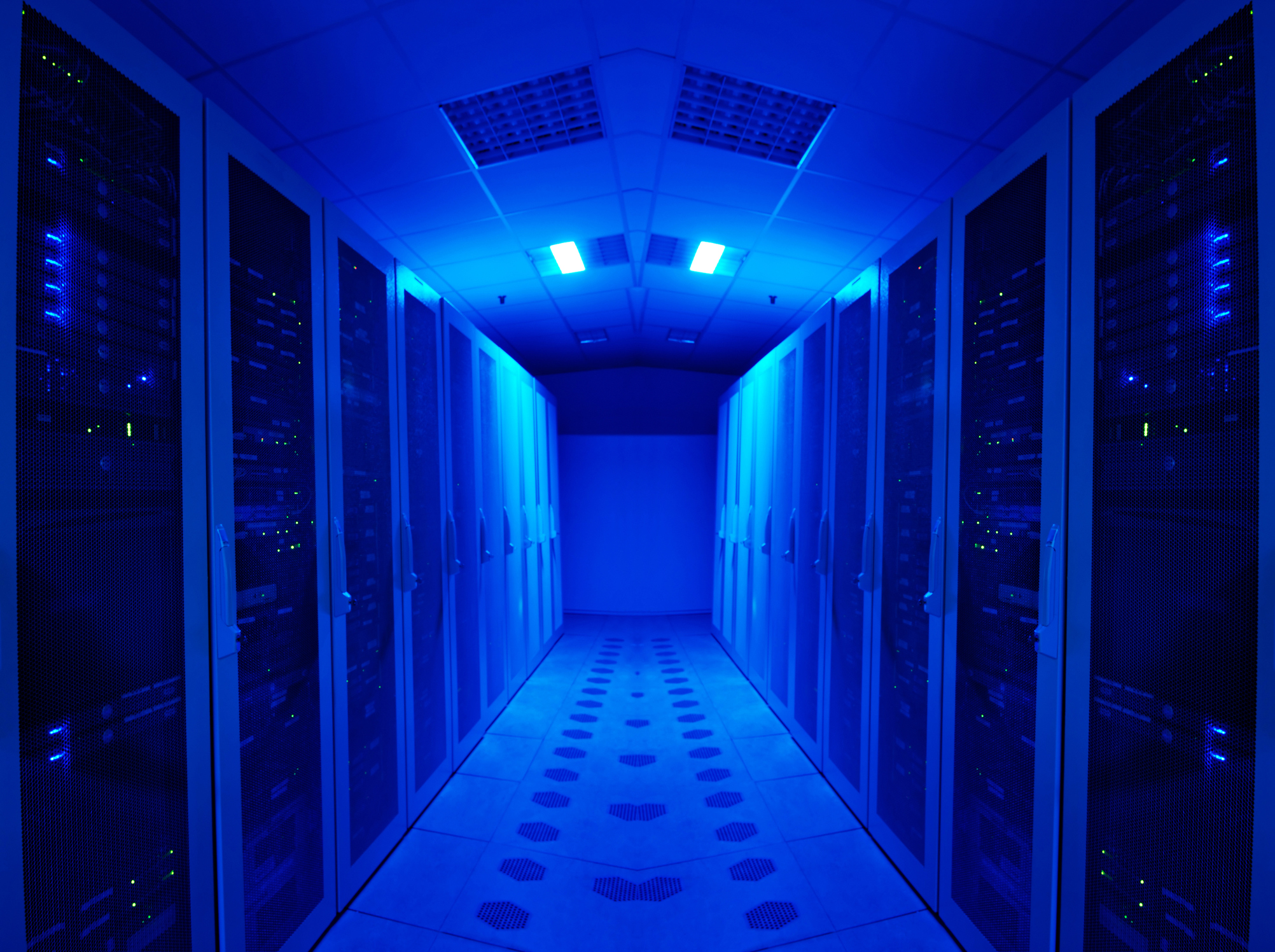 Banks of servers bathed in blue light