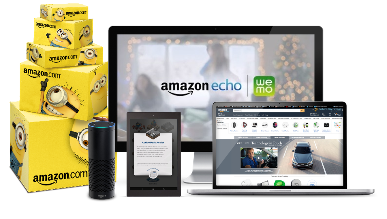 Branded Amazon boxes, an Echo smartspeaker, a Kindle fire dsiplaying an ad, and a desktop and laptop displaying the Amazon ad platform.