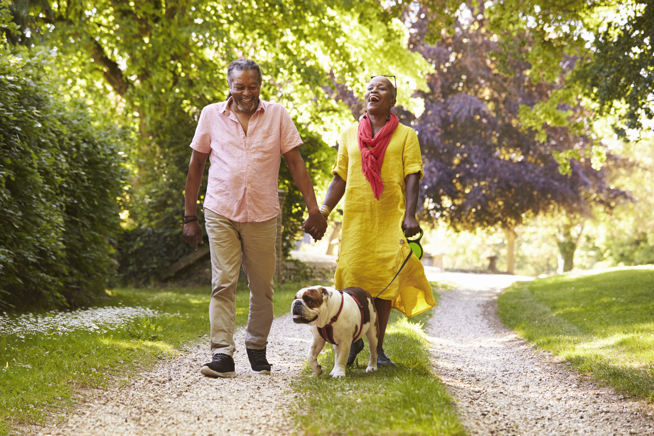 senior man and woman walking bulldog in park