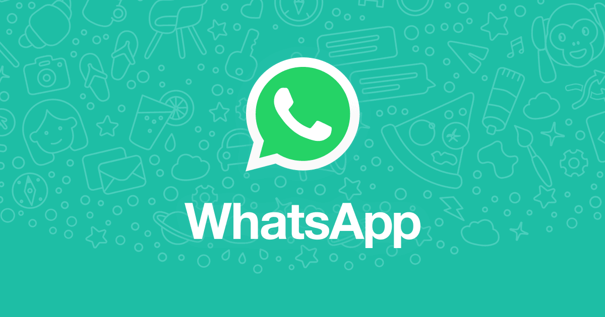 WhatsApp logo on a background of various icons.