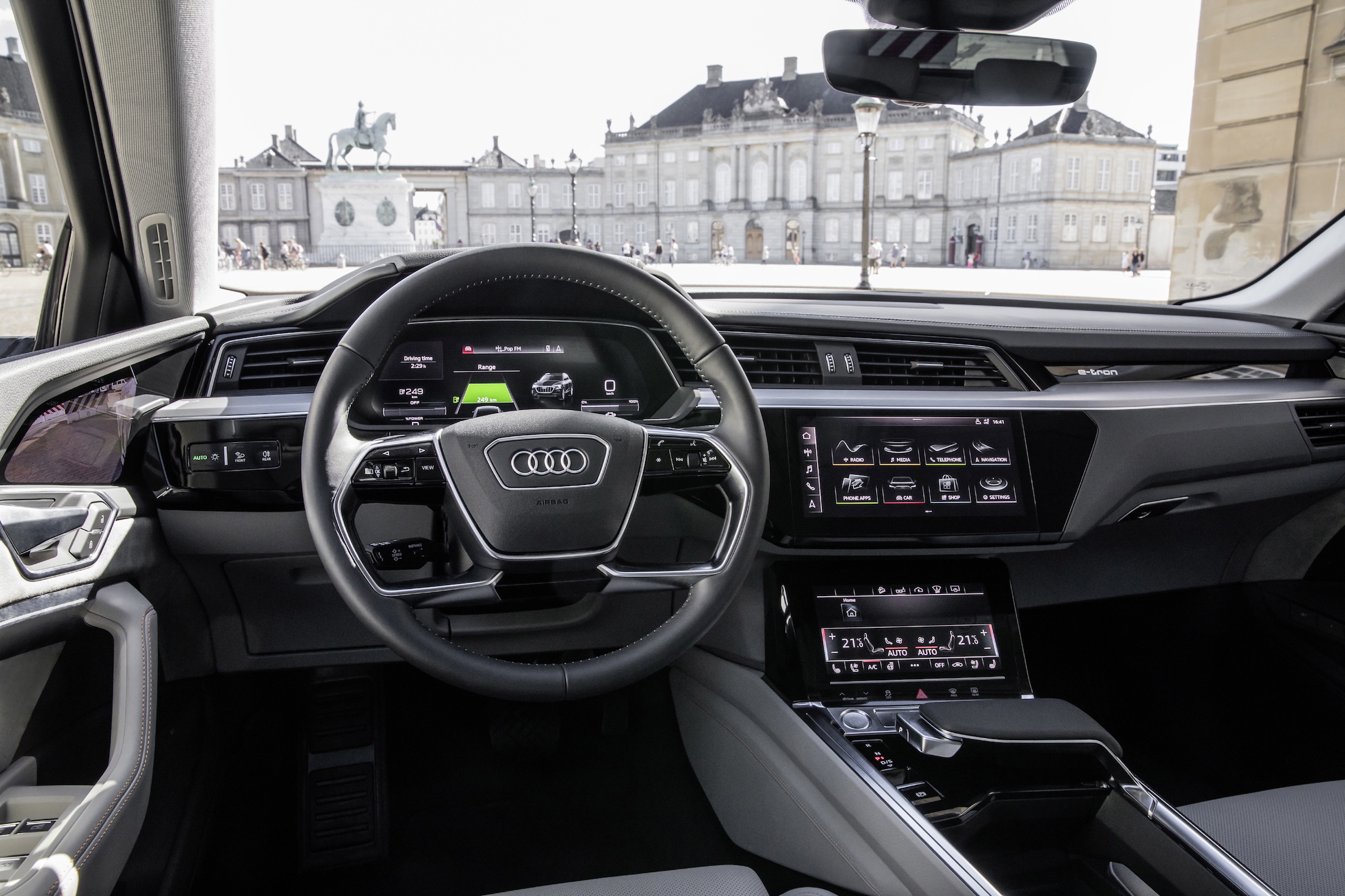 A view of the dashboard of a prototype Audi e-tron. For the most part, it looks like a conventional luxury-car's interior.