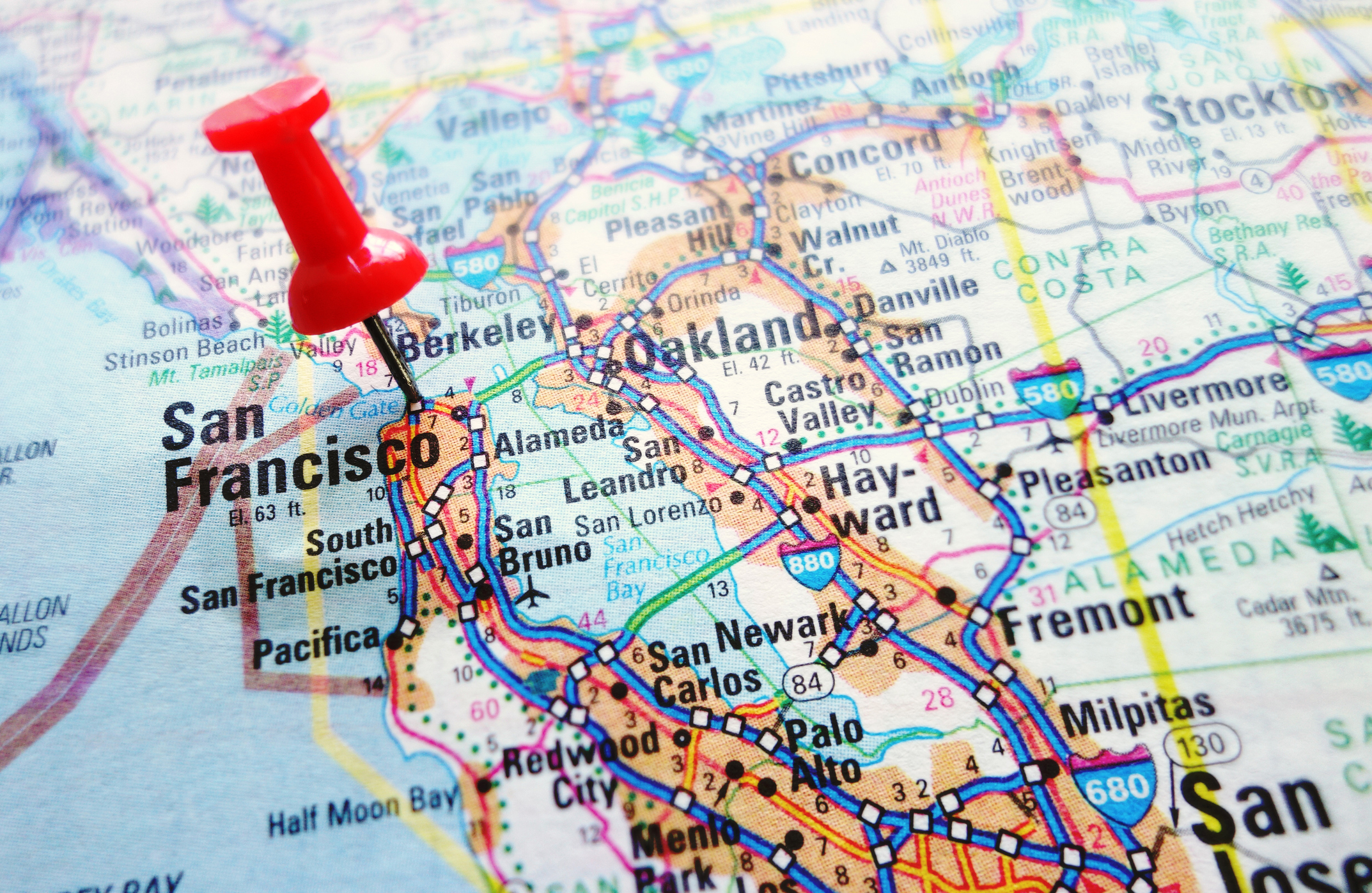 A map of California with a pin stuck in San Francisco.