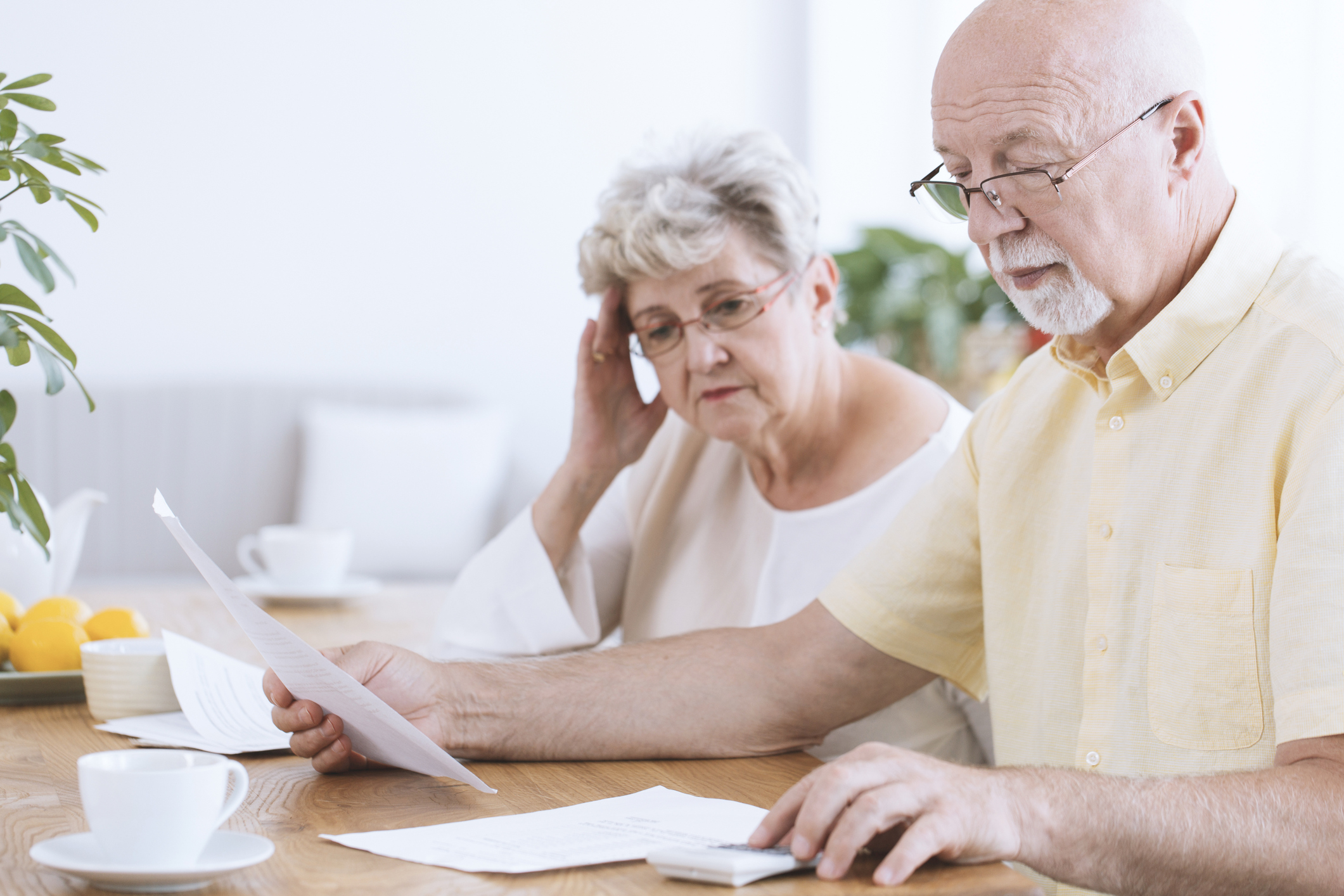 Senior couple looking at documents while man uses calculator