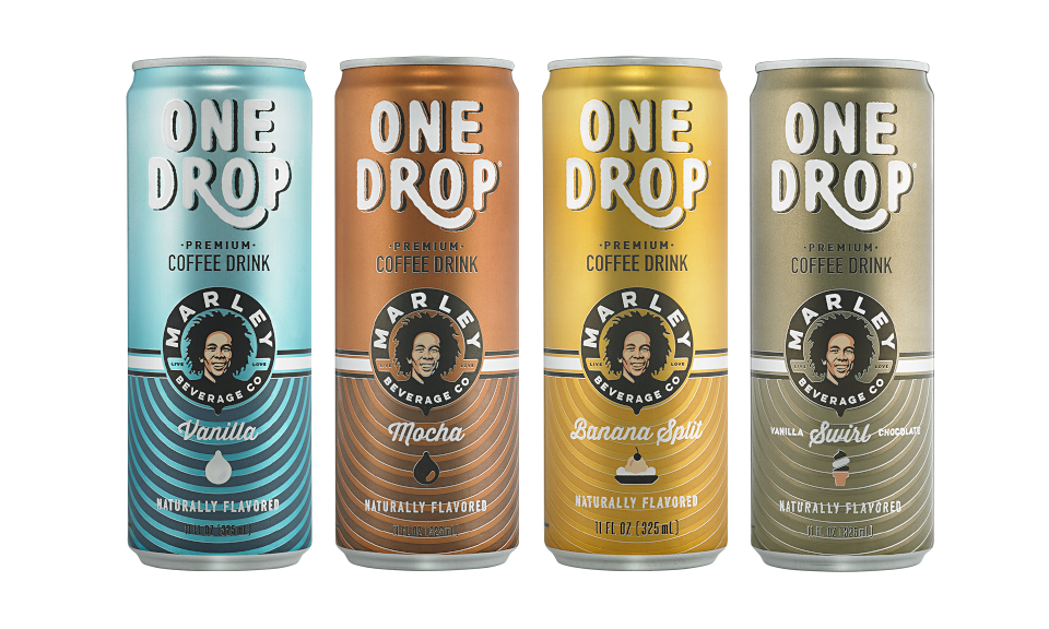 Cans of Bob Marley's One Drop coffee drinks.