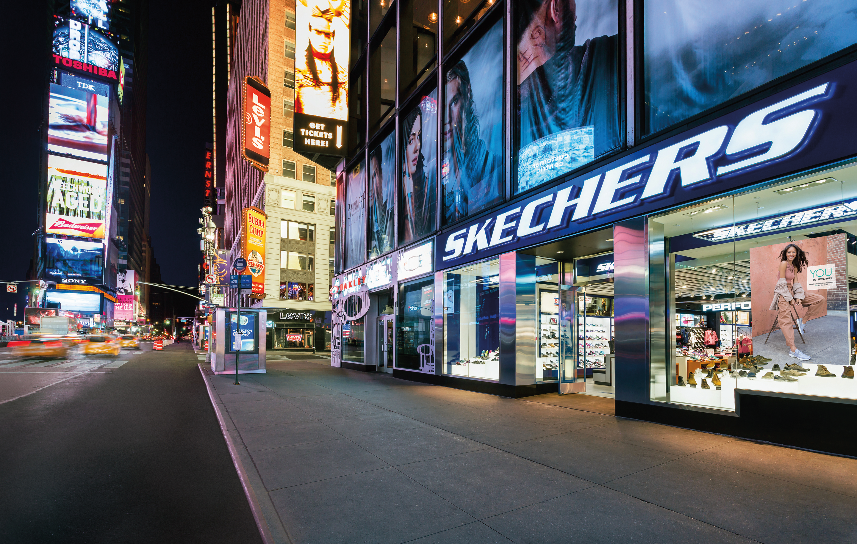 Skechers store at Times Square at night.