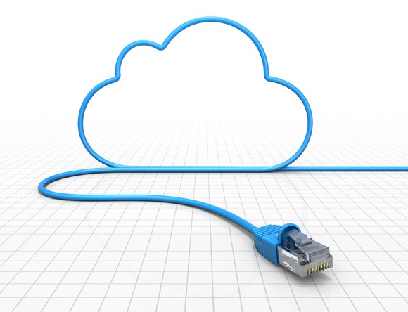 Blue Ethernet cable forming a cartoonish cloud shape against a white background.