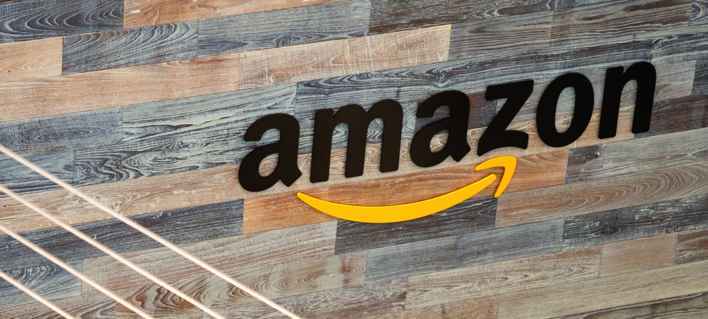 Amazon's logo on a wall somewhere inside the company's Seattle headquarters.