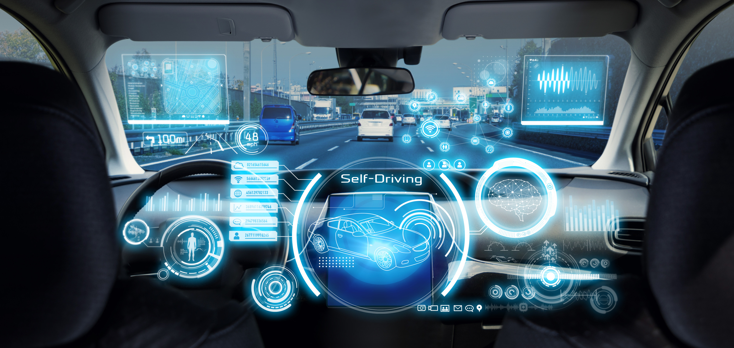 The a futuristic looking console of a self-driving car.