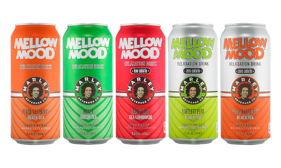 Five cans of the Bob Marley-licensed Mellow Mood beverages.