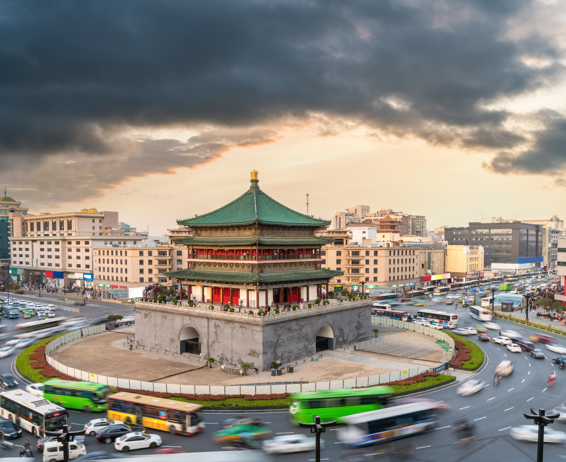 The Xian bell tower in China at dusk.