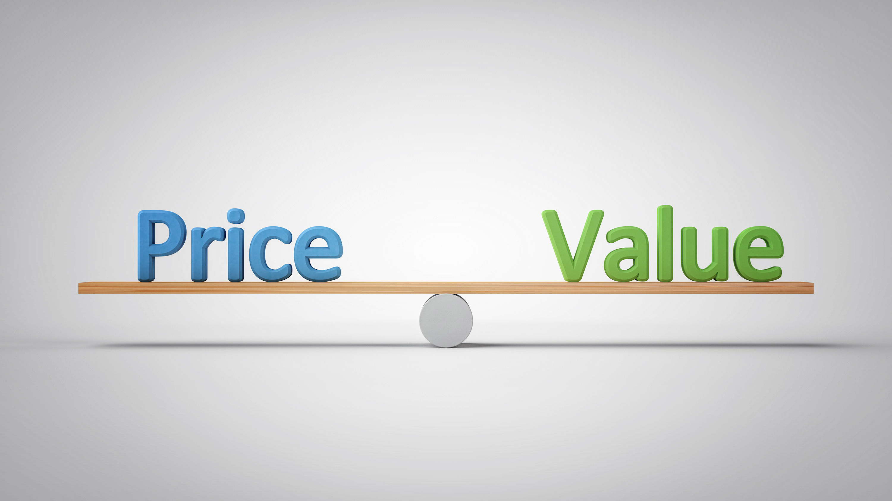The words price and value balanced on a seesaw 