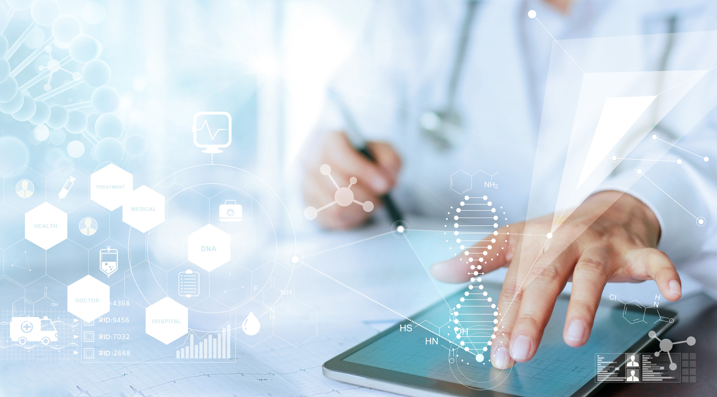 Medicine doctor's hand touching computer interface as medical network connection with modern virtual screen