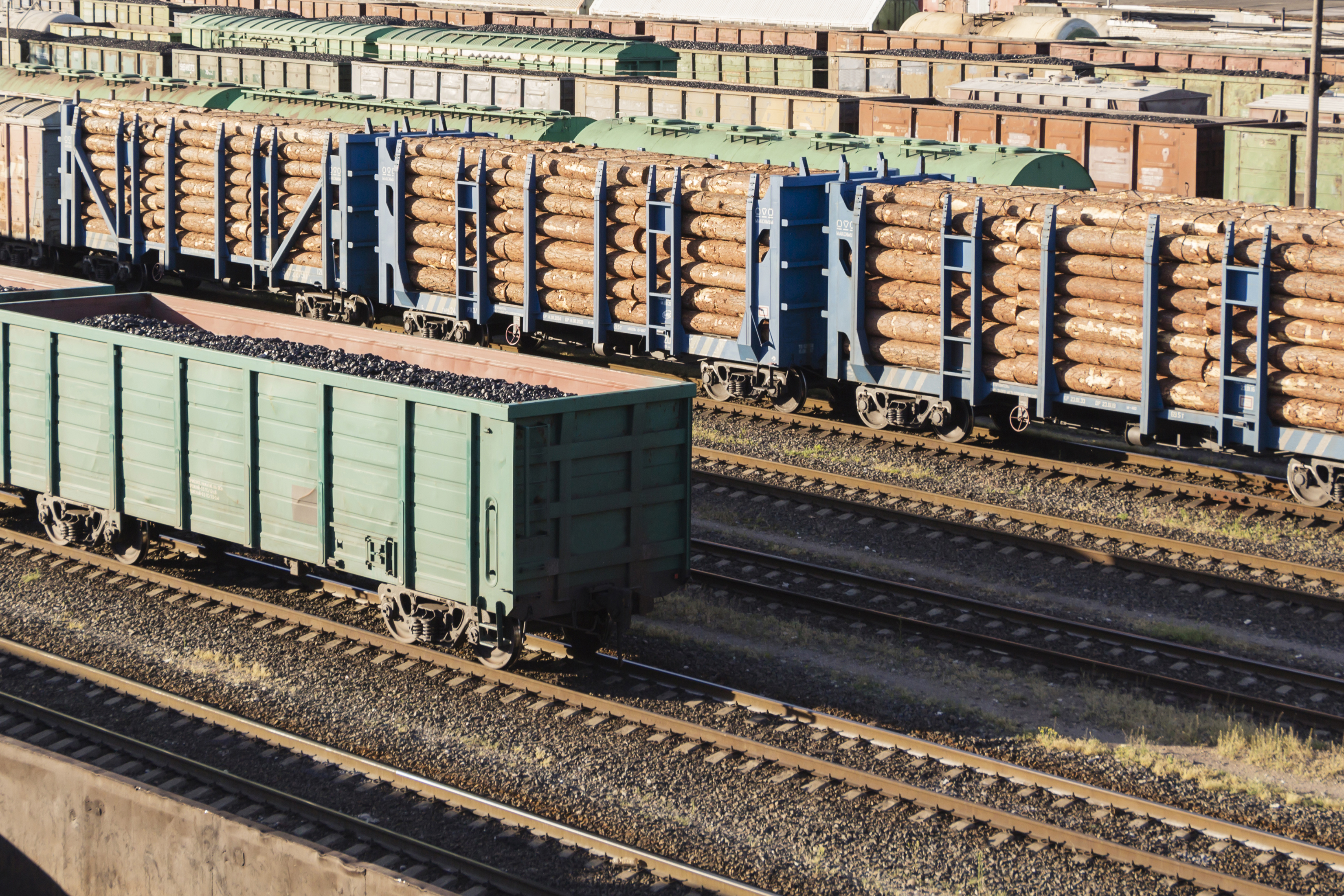 A railcar loaded with wood. 
