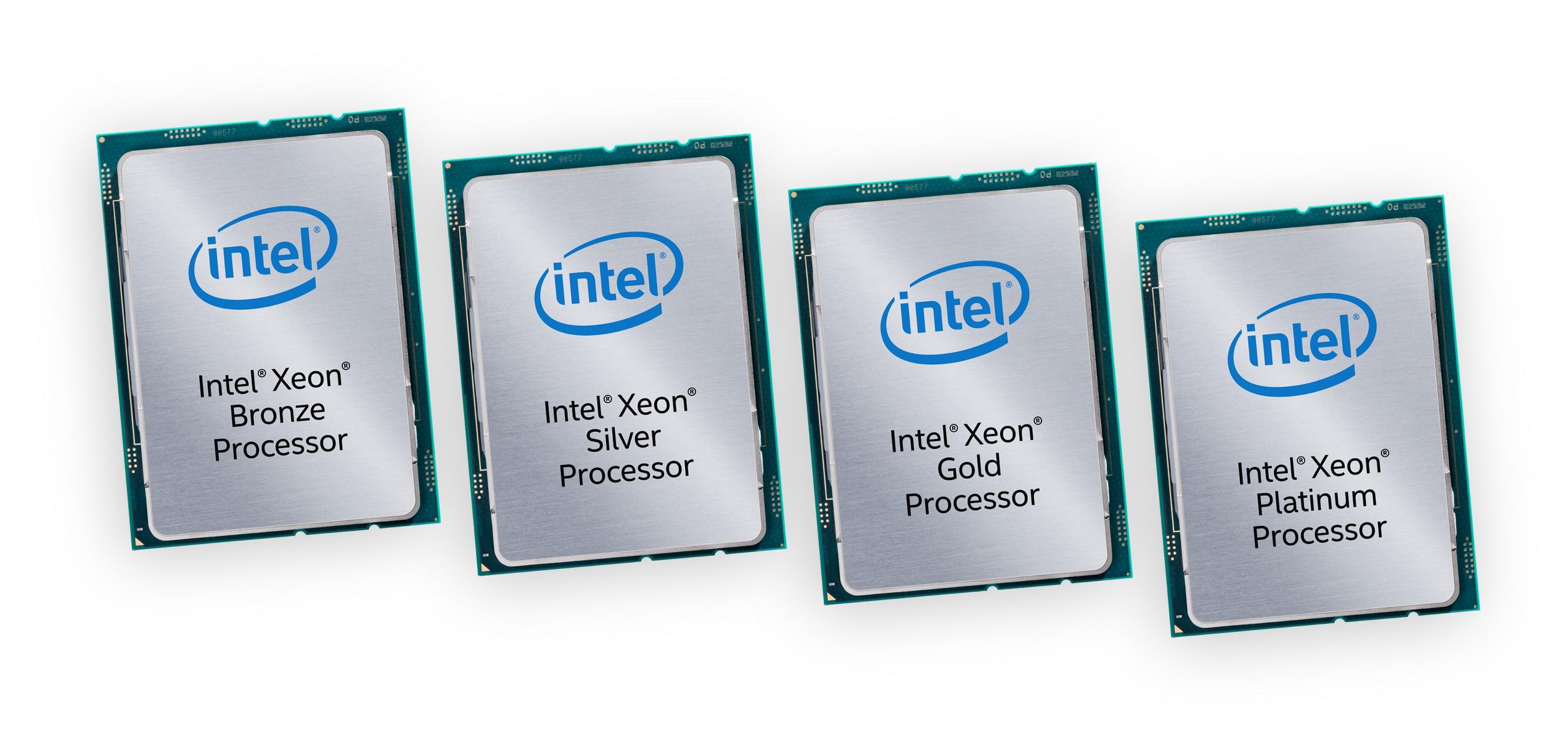 Four Intel Xeon Scalable processors lined up.