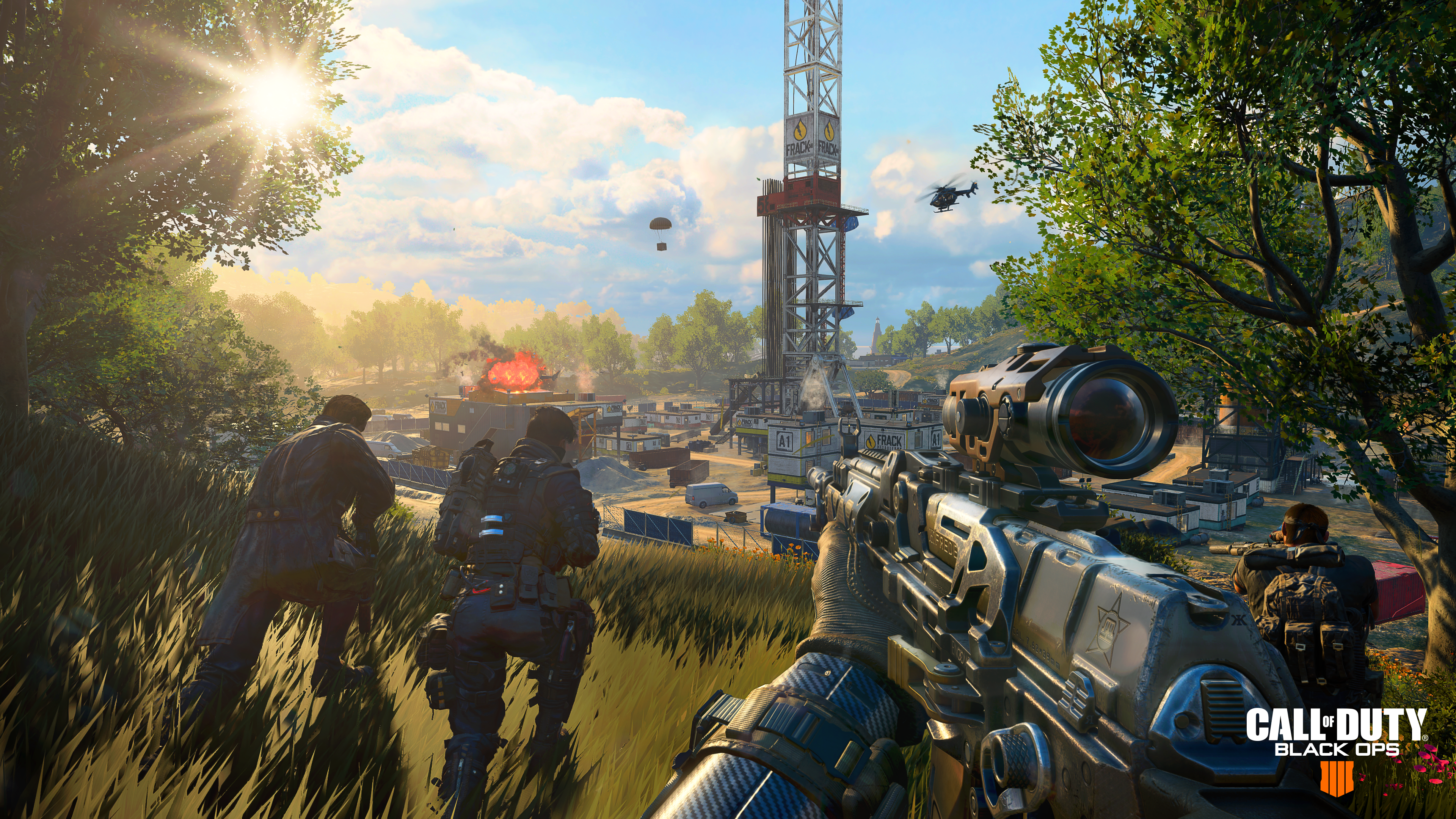 Screenshot of Call of Duty video game depicting the first-person point of view of a soldier running through an open field while holding a sniper rifle.