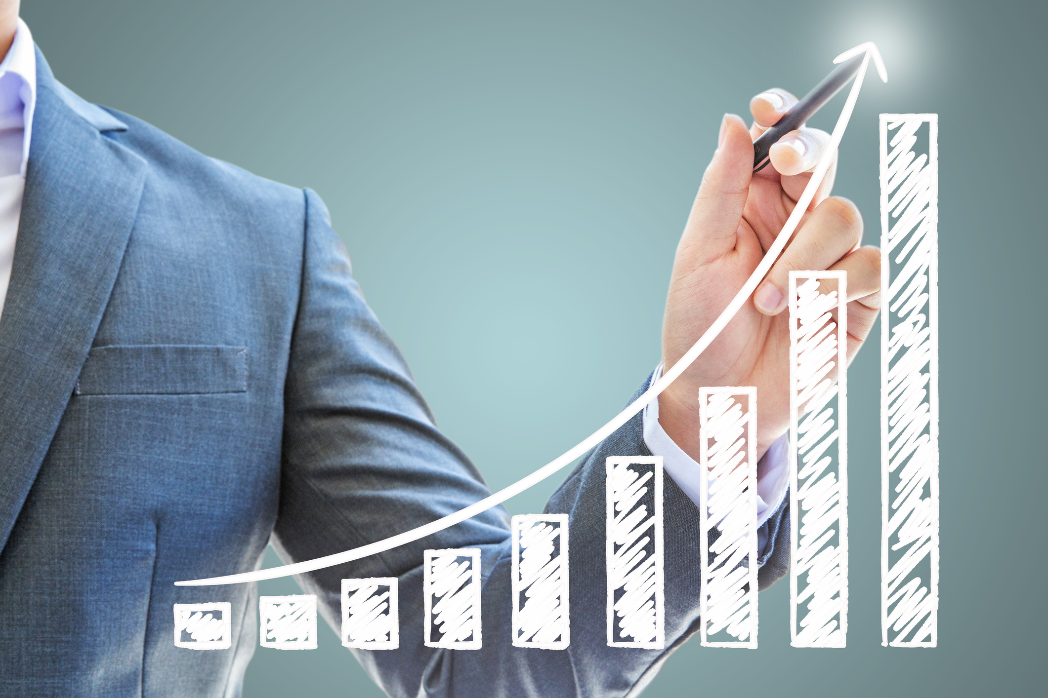 A bar chart with an arrow highlighting a growth trend