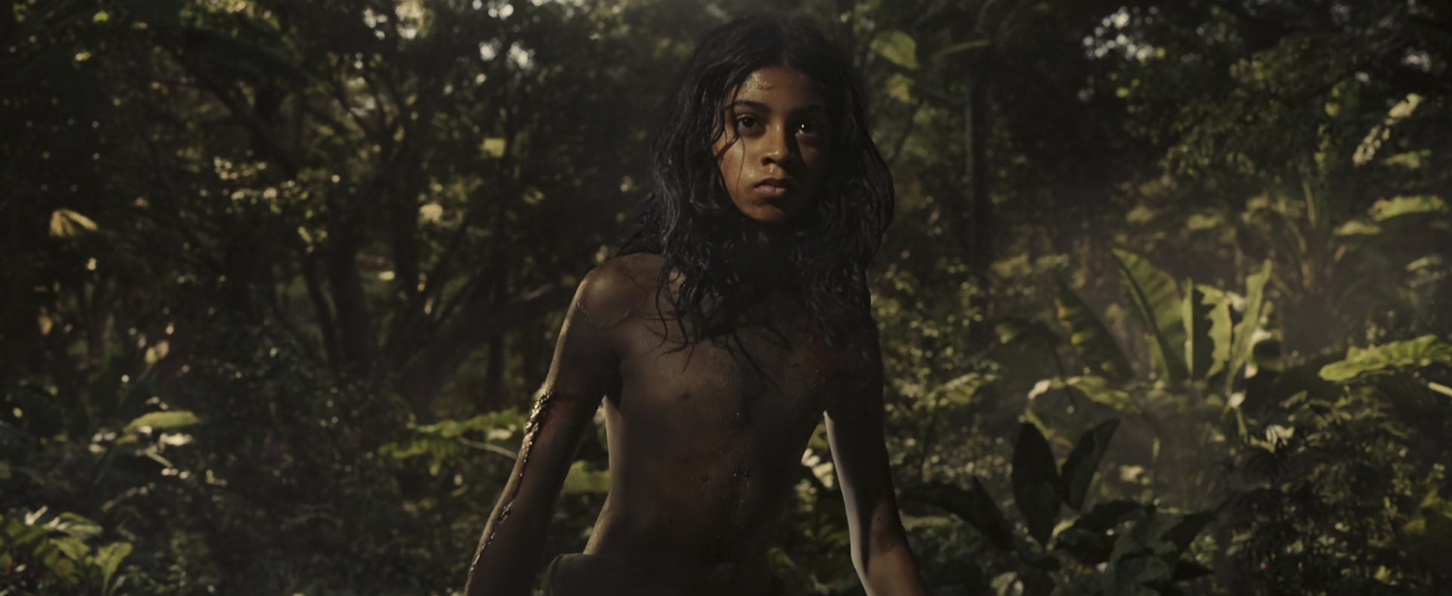 A long haired boy standing in the jungle.