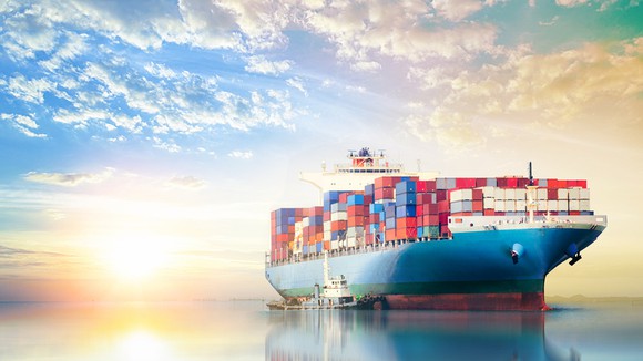 A cargo ship at sea.