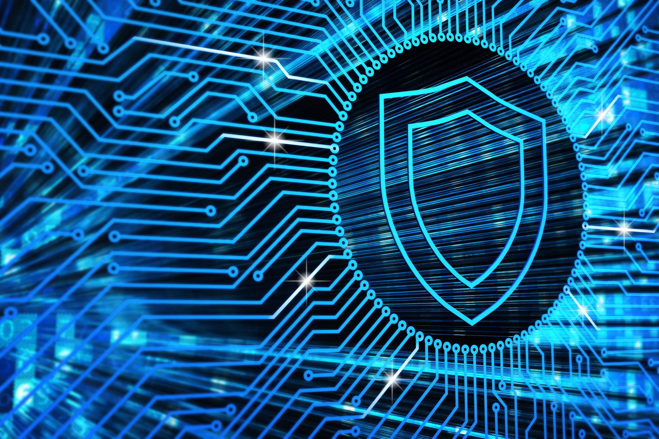 Stylized neon shield logo on an microchip background in blue
