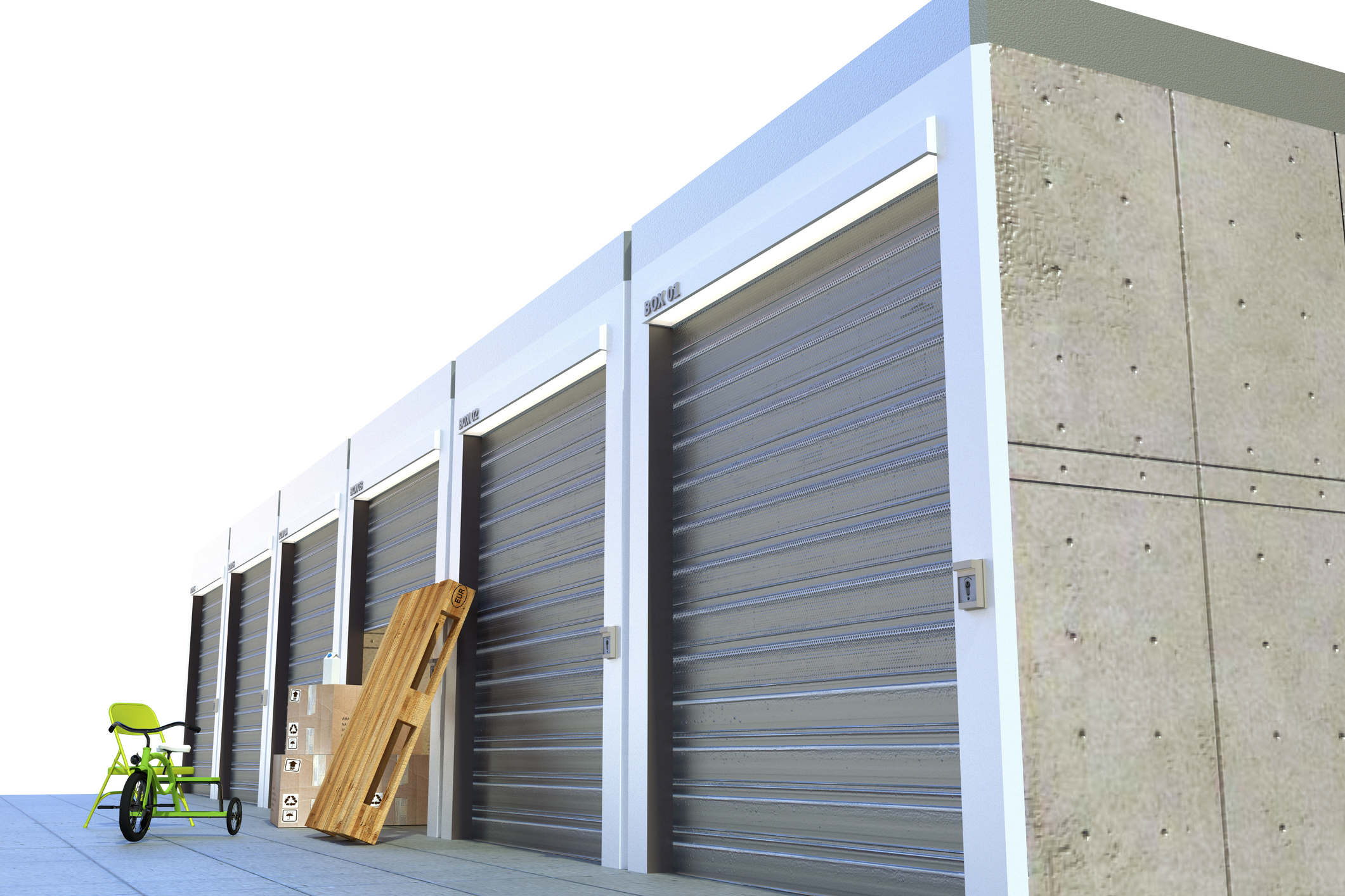 Free-standing outdoor storage unit with garage-style doors.
