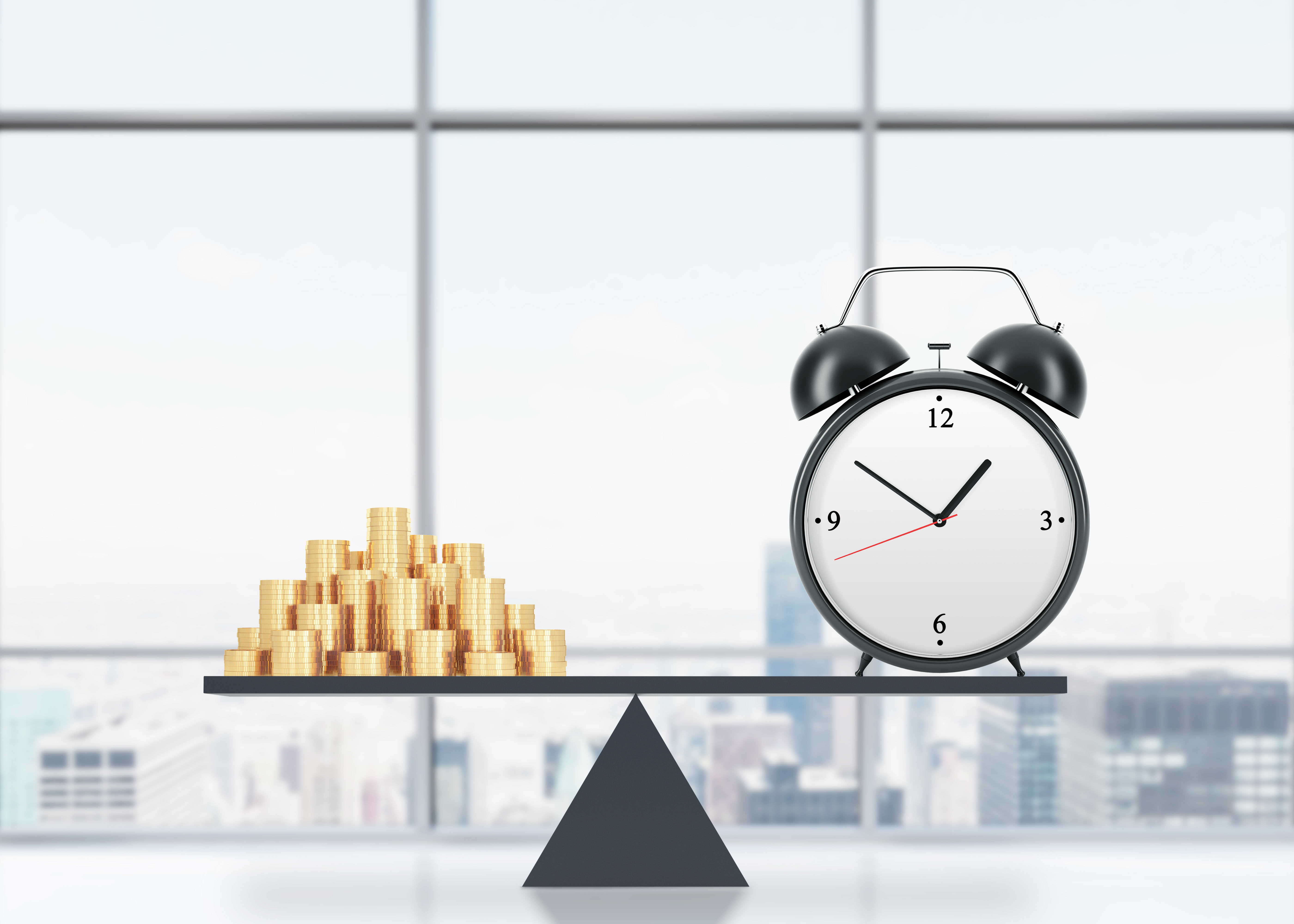 With a window in the background showing a city skyline, an alarm clock sits balanced on a board, with a stack of gold coins on the other end.